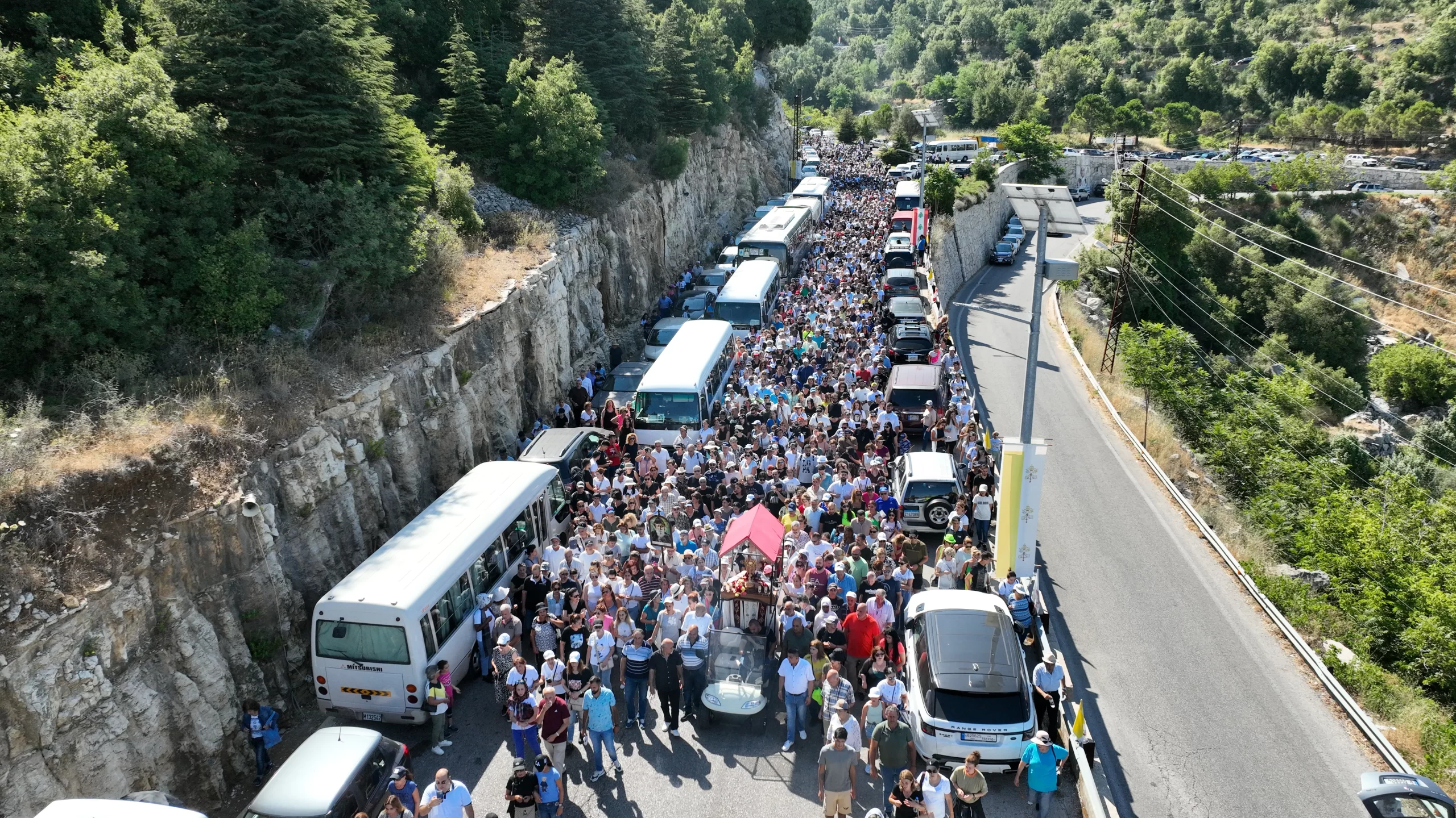 A drone shot from the Eucharistic procession leading to the St. Charbel Hermitage Site and the monastery of St. Maroun Annaya, where Mass was then celebrated on July 22, 2024. Credit: Father Chadi Bechara