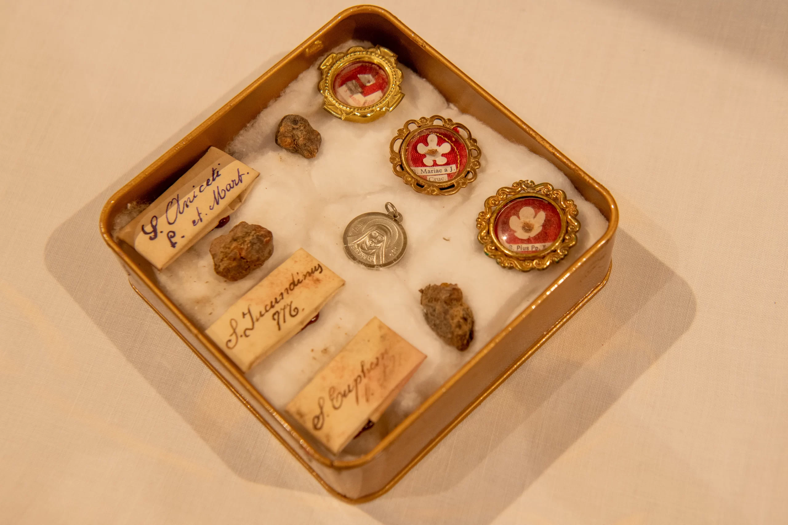 The relics placed inside the new altar of the Church of Our Lady of the Ark of the Covenant in Kiryat Yearim, which was dedicated by Cardinal Pierbattista Pizzaballa, the Latin patriarch of Jerusalem, on Aug. 31, 2024. Among the relics are those of Mother Emilie De Vialar, founder of the Sisters of St. Joseph of the Apparition, the order who owns the church and surrounding property. Credit: Marinella Bandini