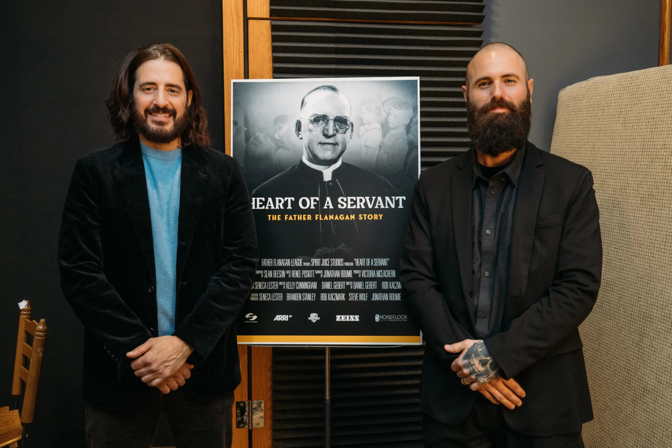 Co-director Rob Kaczmark of Spirit Juice Studios stands beside narrator Jonathan Roumie after the recording session. Credit: Spirit Juice Studios