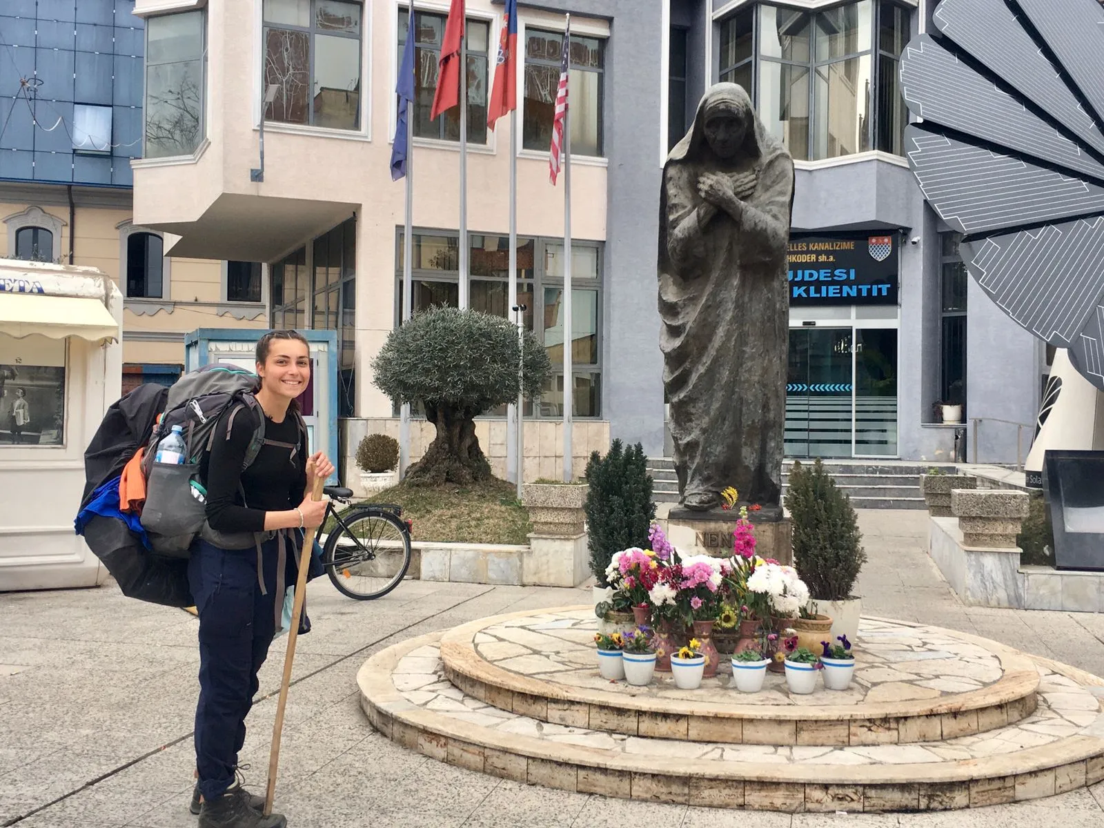 The arrival of Madeleine and Marie-Liesse in Albania. In the photo, Marie-Liesse is in front of a statue of Mother Teresa, who was originally from this country. "Every evening, we knocked on people’s doors asking for shelter, a bed, and food. The Lord always provided," they told CNA. Credit: Photo courtesy of French pilgrims Madeleine and Marie-Liesse