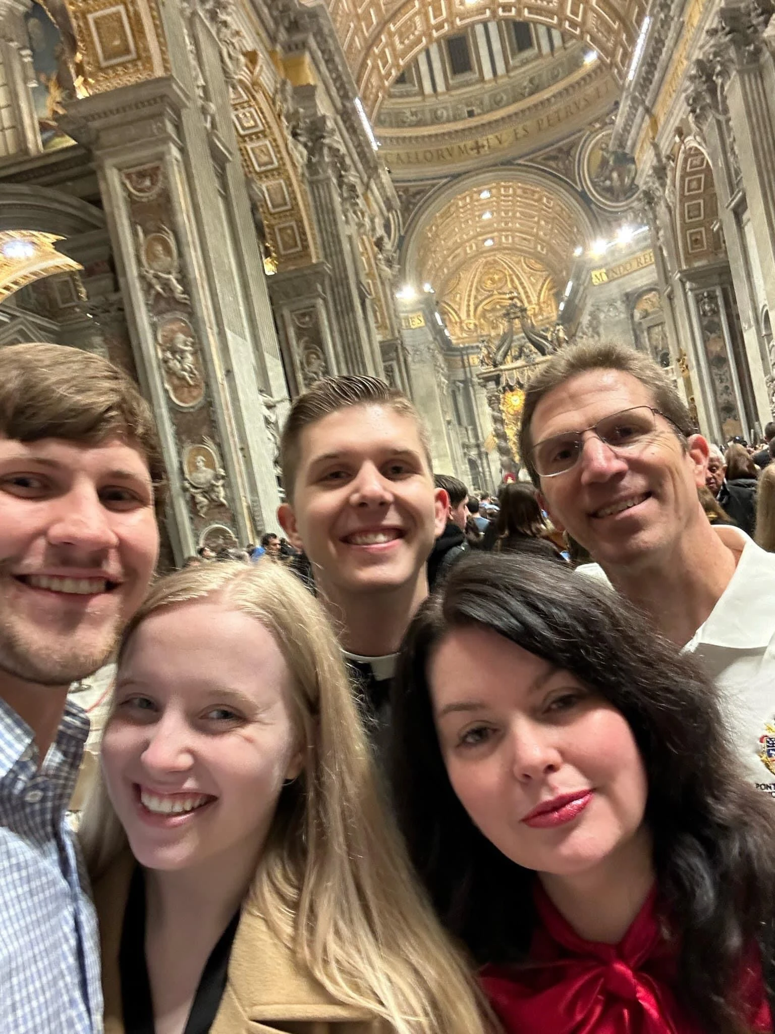 Deacon Bryce Bowman with his mother, Wendy; his father, Bruce; his sister, Blair; and his brother-in-law Aaron, at St. Peter's Basilica when they arrived just in time for Christmas Eve Mass with Pope Francis in 2022. Credit: Photo courtesy of Deacon Bryce Bowman