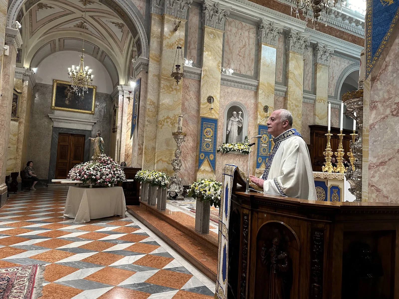 Before the May 31, 2024, procession a solemn Mass was held, presided over by Father Amjad Sabbara, the parish priest of the Latin Church in Jerusalem, and attended by the Latin patriarch of Jerusalem, Cardinal Pierbattista Pizzaballa. In his sermon, Sabbara emphasized the spirituality of the Virgin Mary and her steadfast faith and hope. Credit: Rafi Ghattas