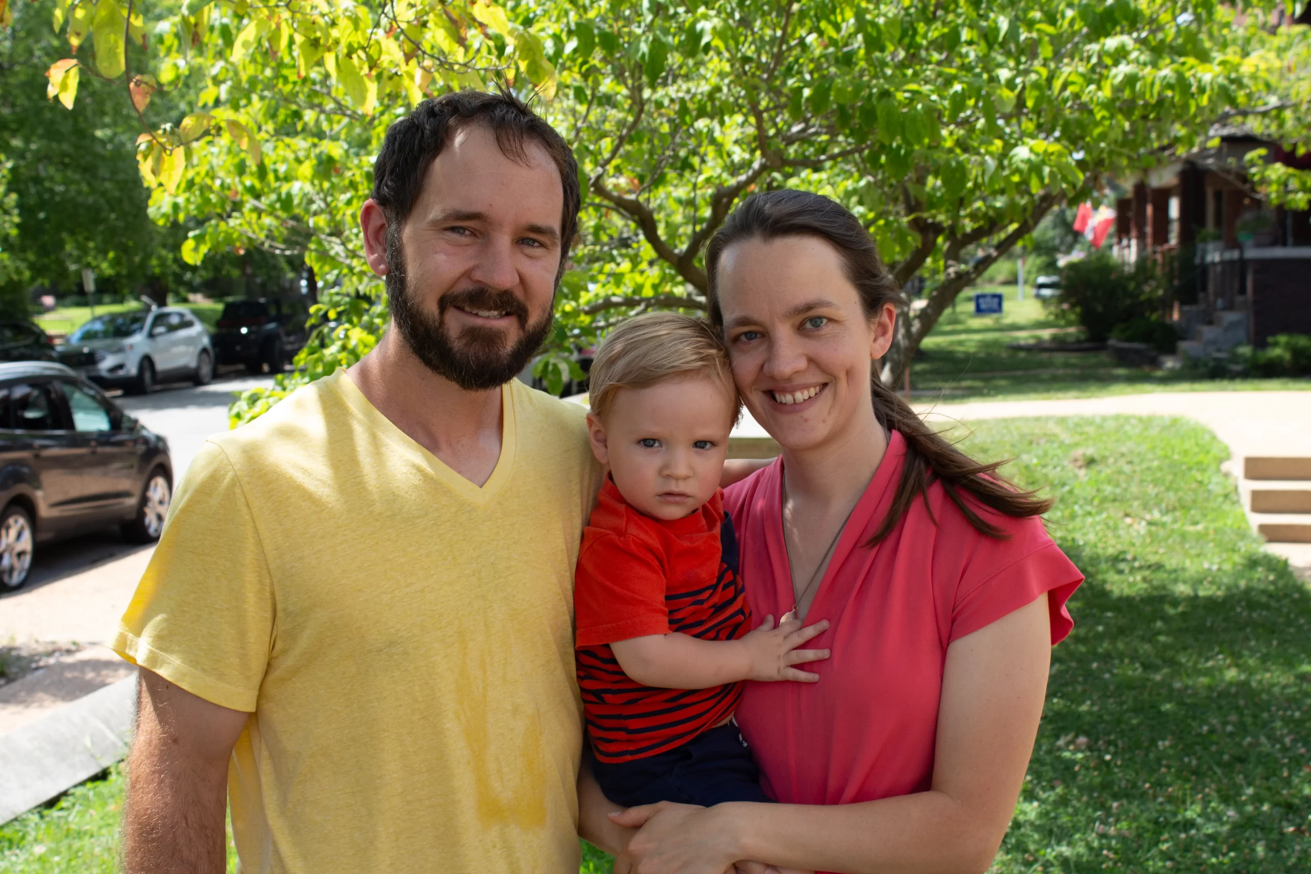 Alex and Mary Hermann, from Arnold, Missouri, and their young son after the Eucharistic procession in St. Louis. Credit: Jonah McKeown/CNA