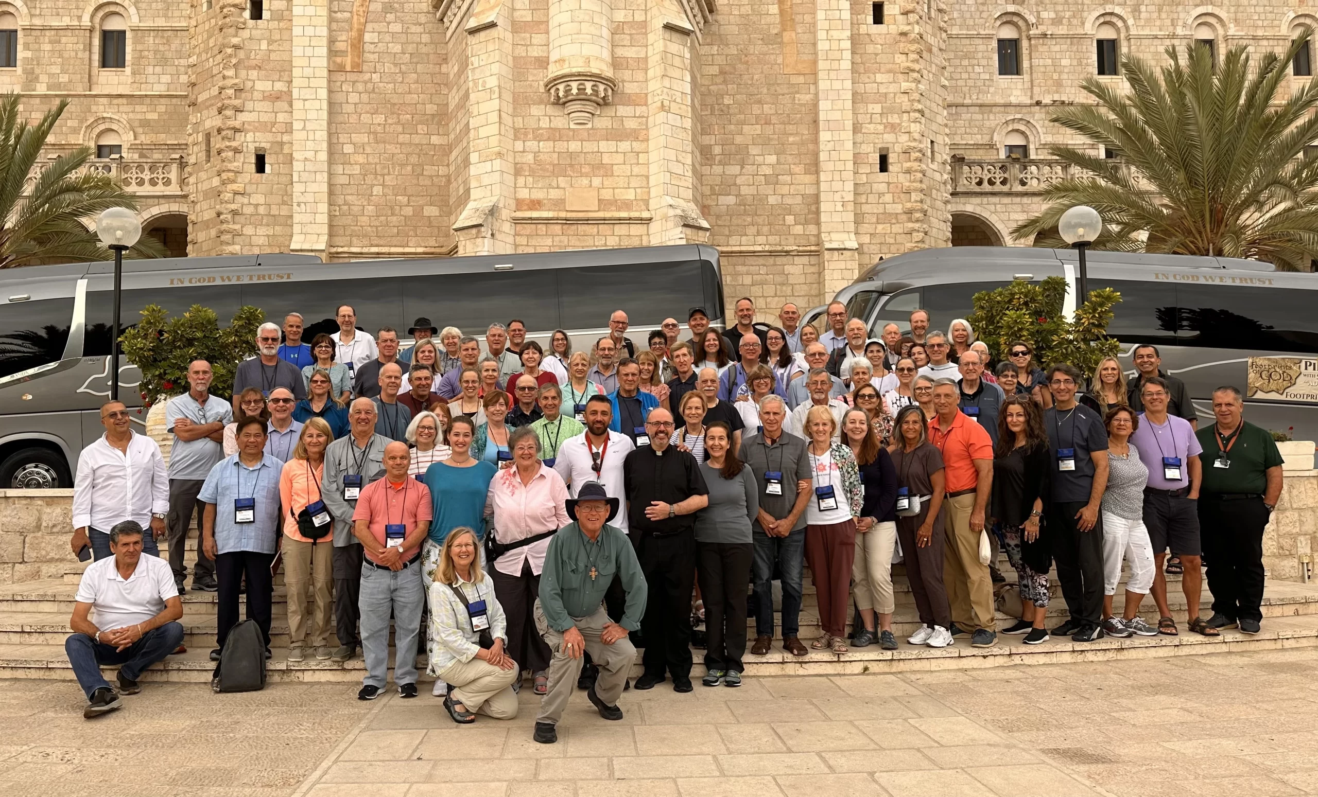 Steve Ray, front-center in black hat, leads a pilgrimage group to the Holy Land that left the region just prior to the start of the Oct. 7, 2023, conflict. Credit: Courtesy of Steve Ray