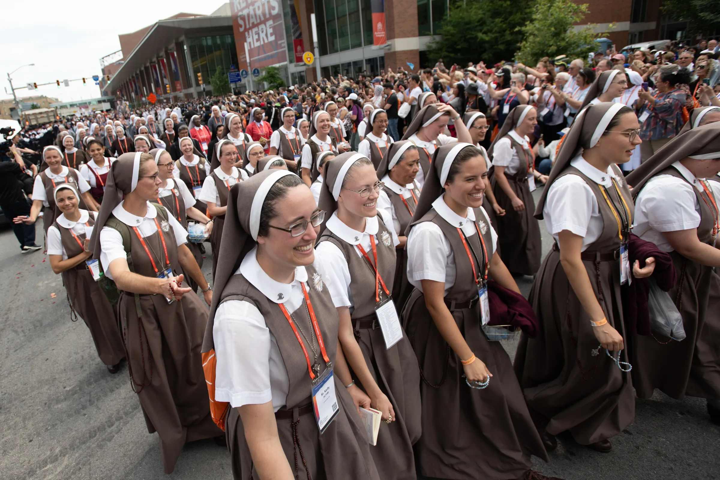 Religious sisters pass by on the National Eucharistic Congress procession in Indianapolis. Credit: Jeffrey Bruno