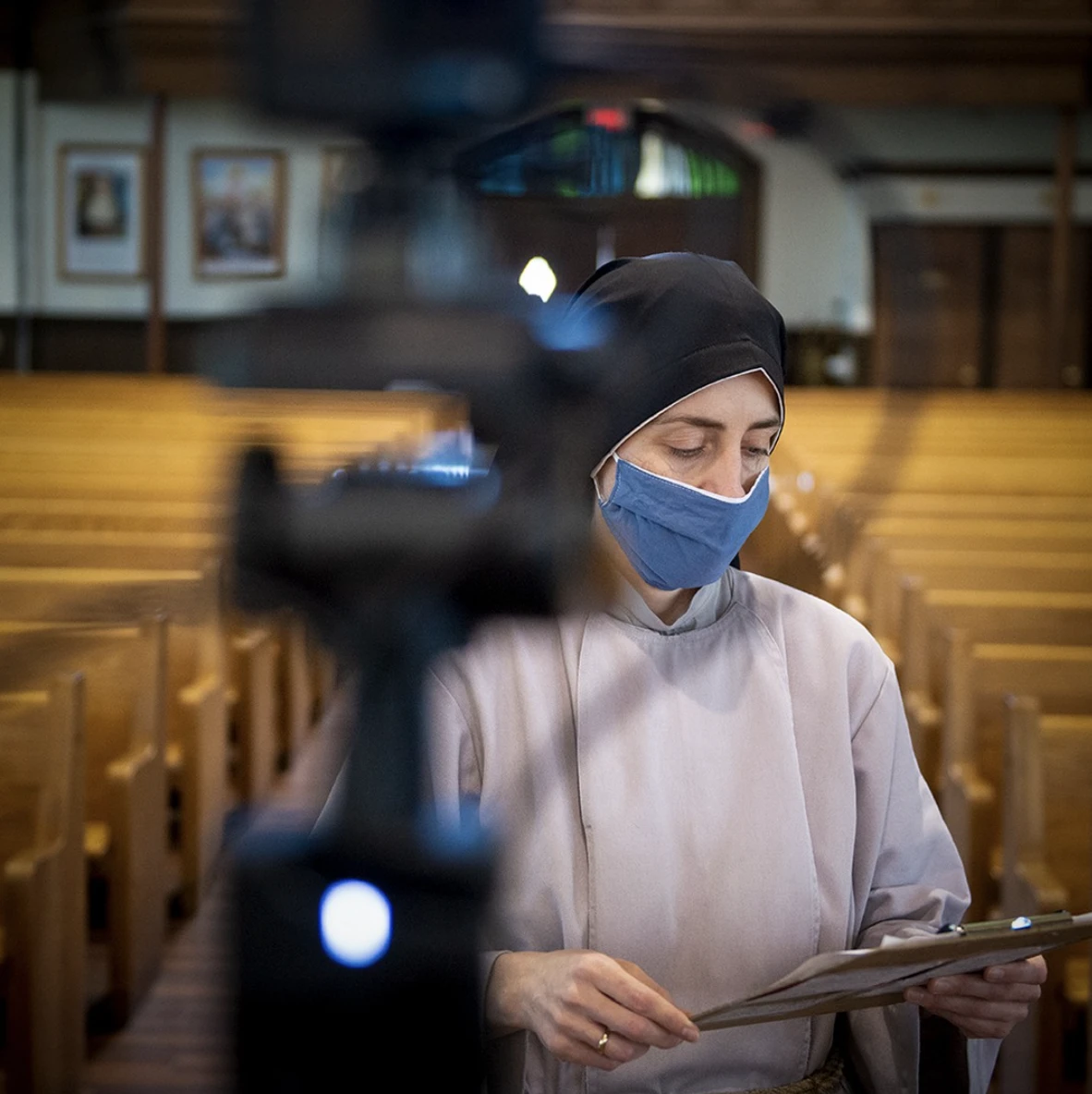 Sister Anne Kateri of the Franciscan Sisters of the Renewal turns to the internet to bring the Gospel to the faithful who were unable to gather for Mass during the COVID-19 pandemic. Credit: Jeffrey Bruno