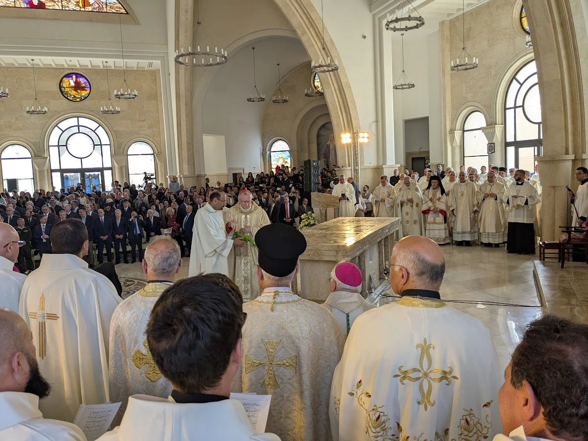 Cardinal Pietro Parolin on Jan. 10, 2025, consecrates the altar during the inauguration of a vast church on the very spot where Christ was baptized by St. John the Baptist in the Jordan River. Credit: Father John D’Orazio