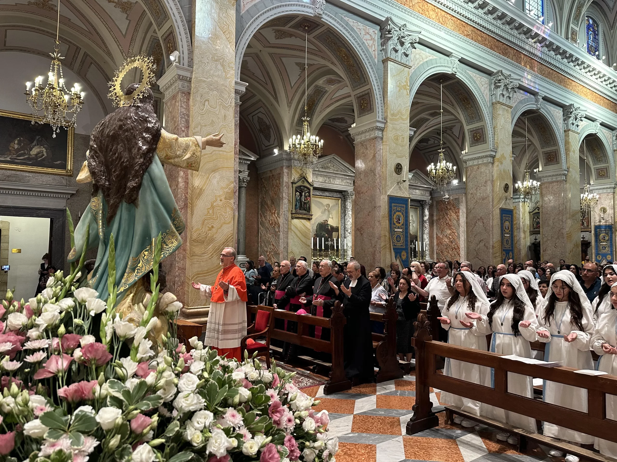 Cardinal Pierbattista Pizzaballa, Latin patricarch of Jerusalem, attends Mass ahead of a Marian procession on May 31, 2024, in the Old City of Jerusalem. Credit: Rafi Ghattas