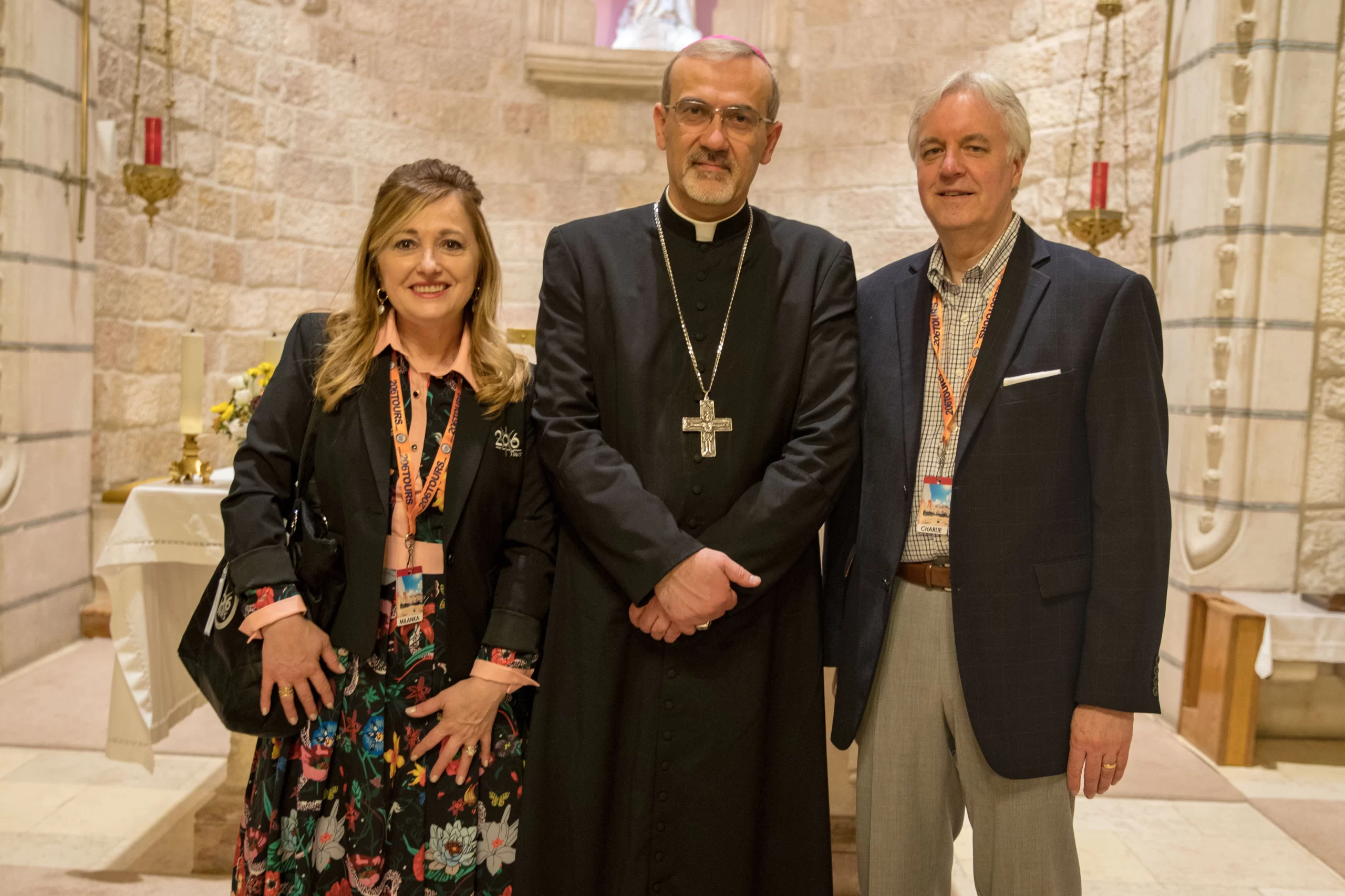 Milanka Lachman and her husband, Charles, with Cardinal Pierbattista Pizzaballa, the Latin patriarch of Jerusalem. Credit: Photo courtesy of Milanka Lachman