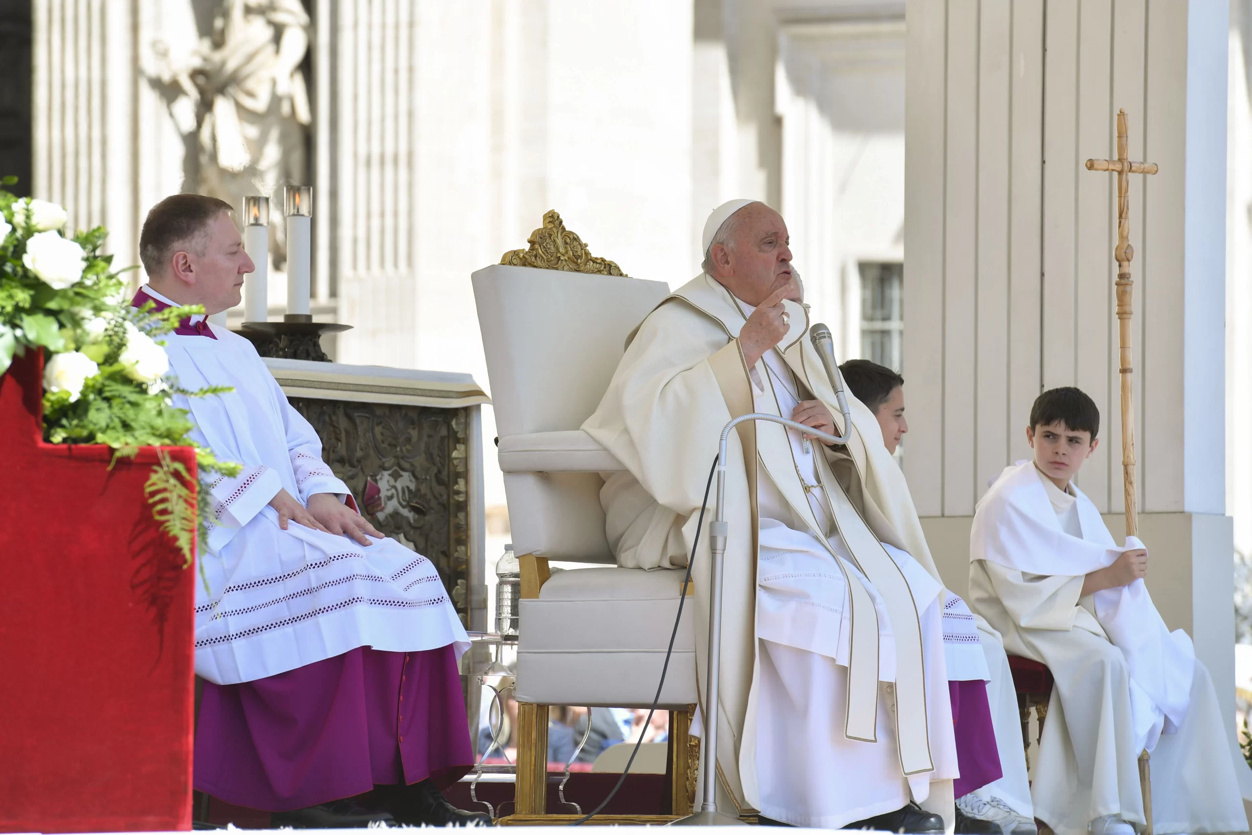 The pope speaks to thousands of children and many others who gathered in St. Peter's Square on Saturday for the first World Children’s Day on the feast of the Holy Trinity. May 26, 2024. Credit: Daniel Ibañez/CNA