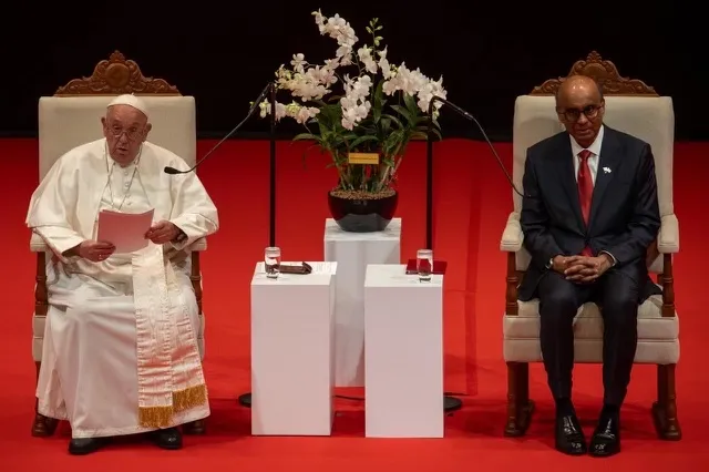 Pope Francis addresses leaders at the National University of Singapore on Thursday, Sept. 12, 2024. Credit: Daniel Ibáñez/CNA