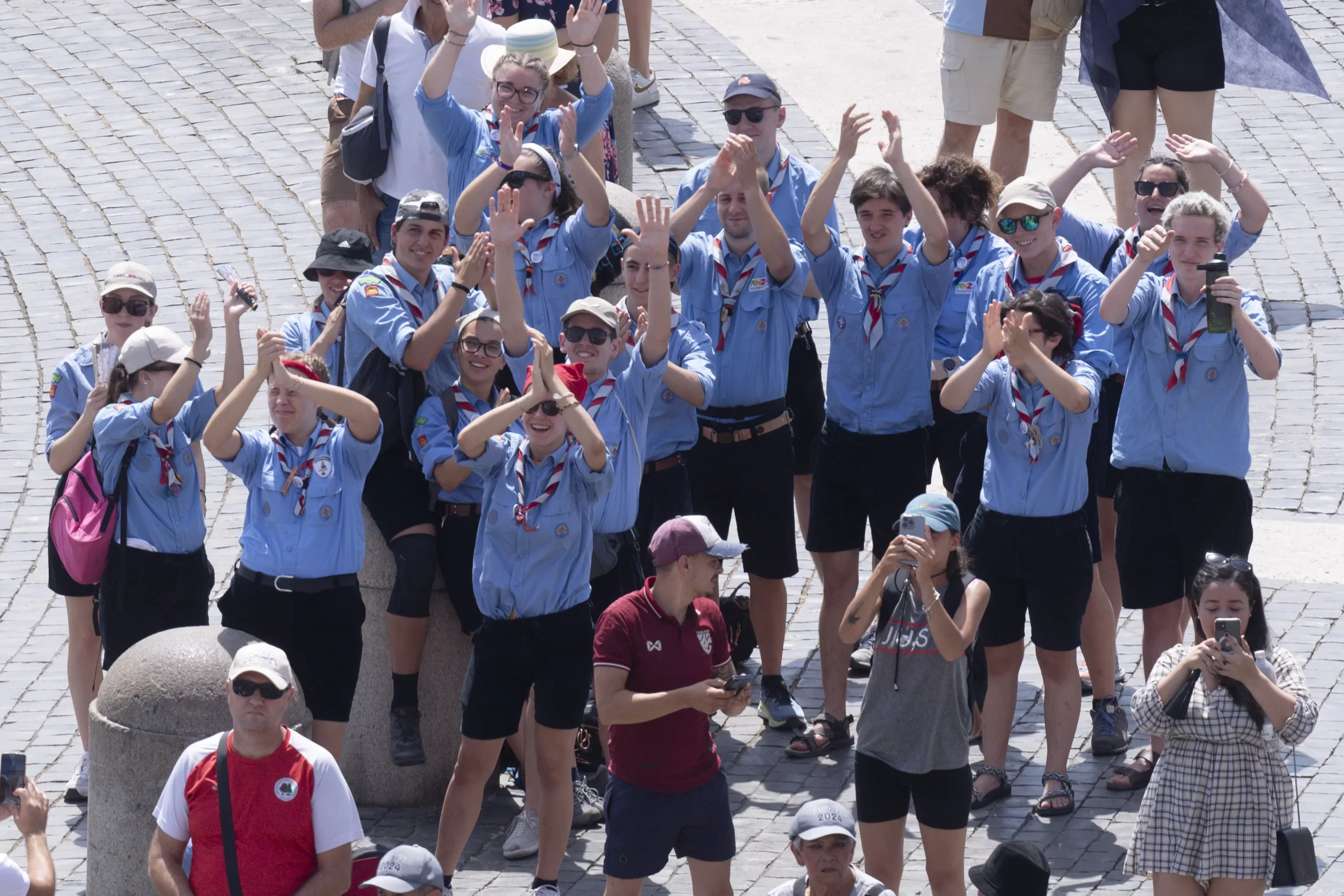 Pilgrims cheer in St. Peter’s Square at the Vatican for Pope Francis’ Angelus address on the solemnity of the Assumption, Aug. 15, 2024. Credit: Vatican Media