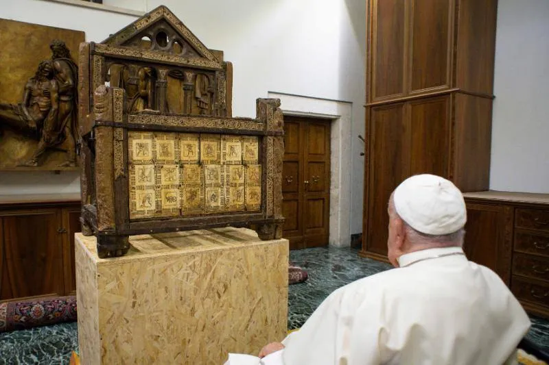 Pope Francis views a historic relic of the chair of St. Peter on Oct. 2, 2024. Credit: Holy See Press Office