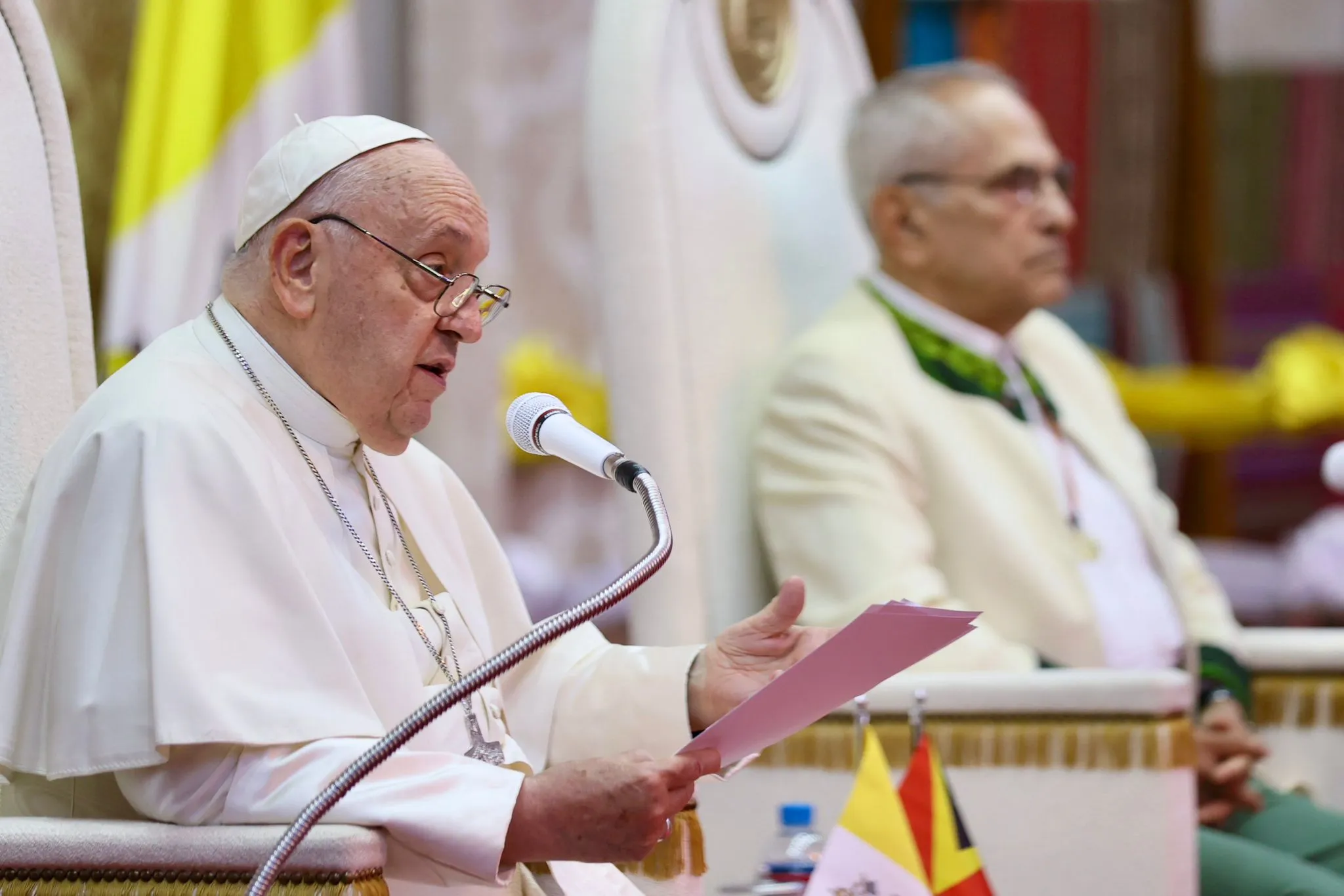 Pope Francis addresses the authorities, civil society, and diplomatic corps at a welcome cermony at the Presidential Palace in the capital city of Dili, East Timor, upon his arrival to the country on Sept. 9, 2024. Credit: Daniel Ibañez/CNA