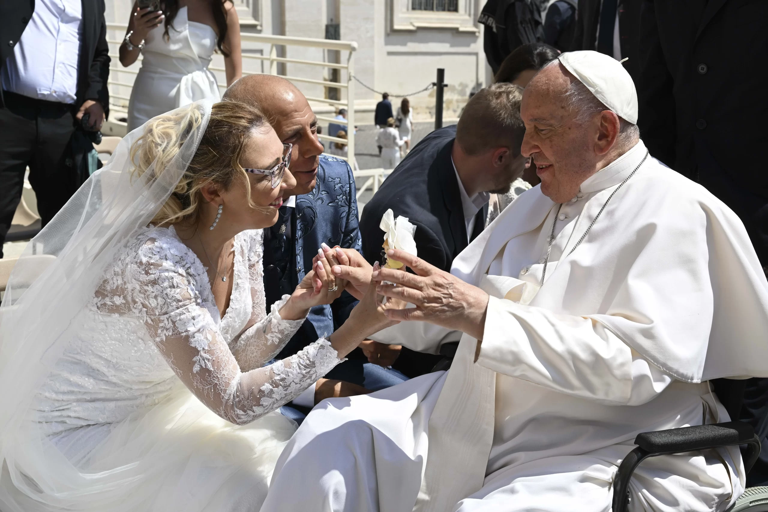 Pope Francis greets a newly married couple during his general audience on Wednesday, May 29,  2024, in St. Peter’s Square at the Vatican. Credit: Vatican Media