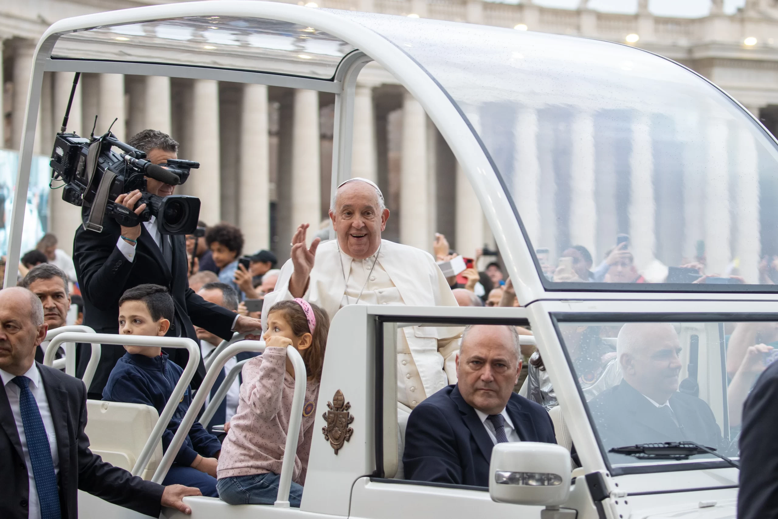 Pope Francis waves to the crowds gathered in St. Peter’ Square as he arrives for his general audience on Wednesday, Oct. 23, 2024, at the Vatican. Credit: Daniel Ibañez/CNA