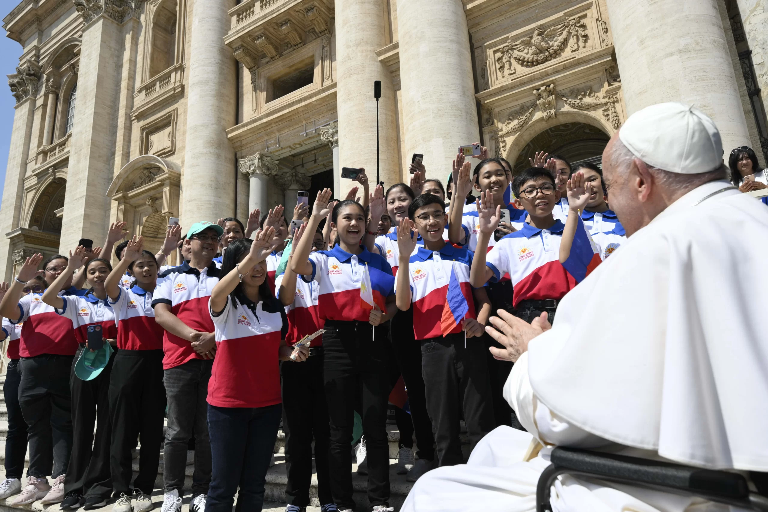 Pope Francis greets young people during his general audience on Wednesday, May 29,  2024, in St. Peter’s Square at the Vatican. Credit: Vatican Media