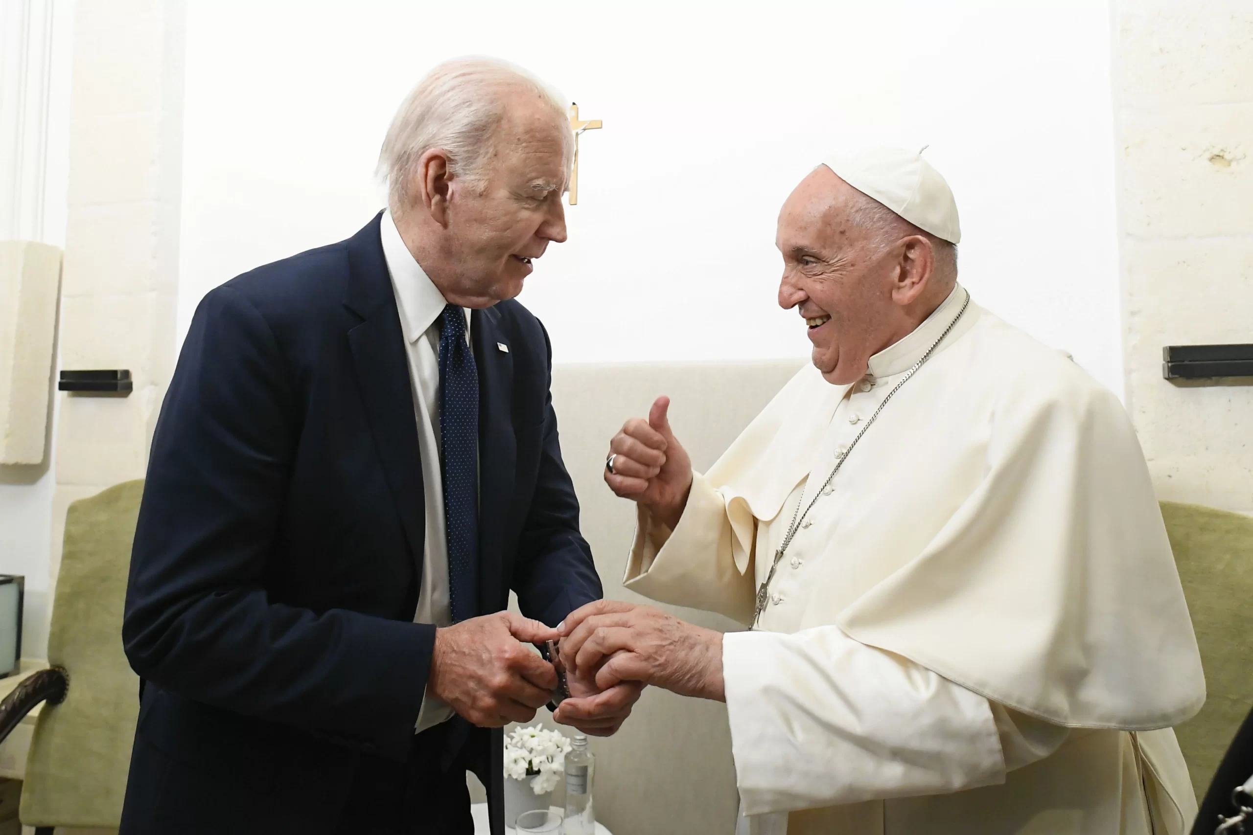 Pope Francis meets with U.S. President Joe Biden on Friday, June 14, 2024, after a session at the G7 summit, which is being held June 13–15 in the southern Italian region of Puglia. Credit: Vatican Media