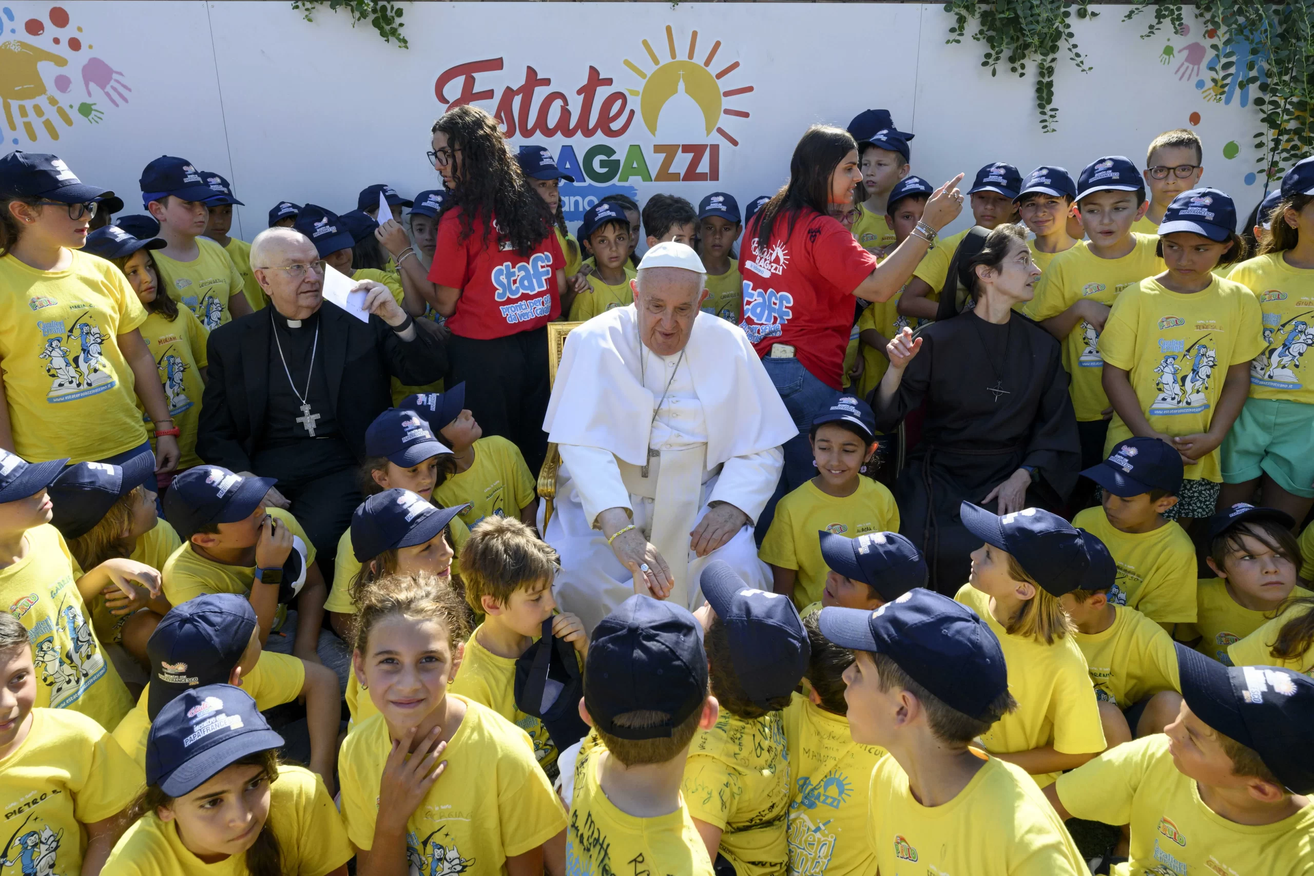 Pope Francis meets with kids ages 5–13, the children of Vatican employees, while they attend a summer camp in Vatican City on July 18, 2024. Credit: Vatican Media