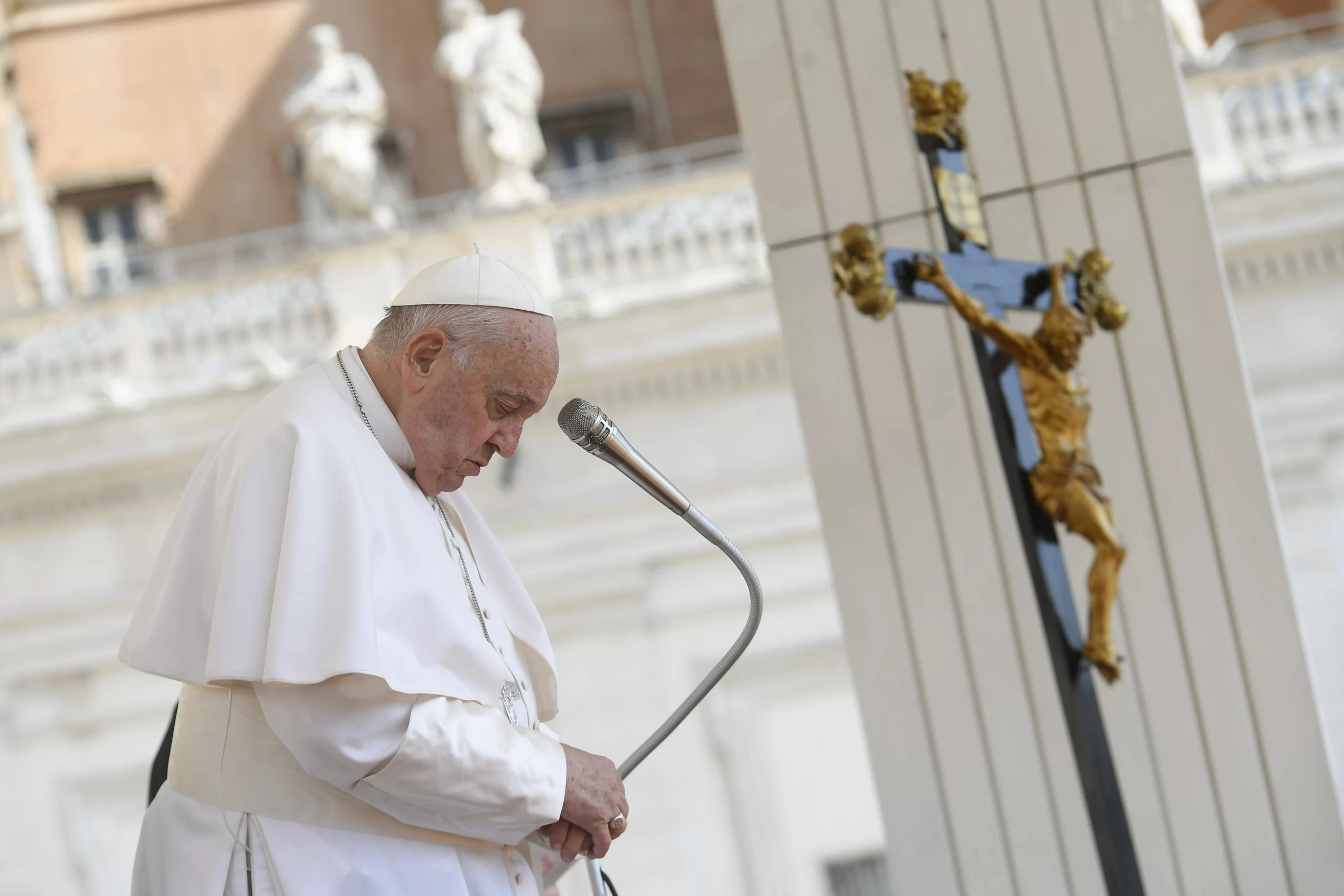 Pope Francis prays during his general audience on Wednesday, May 29,  2024, in St. Peter’s Square at the Vatican. Credit: Vatican Media