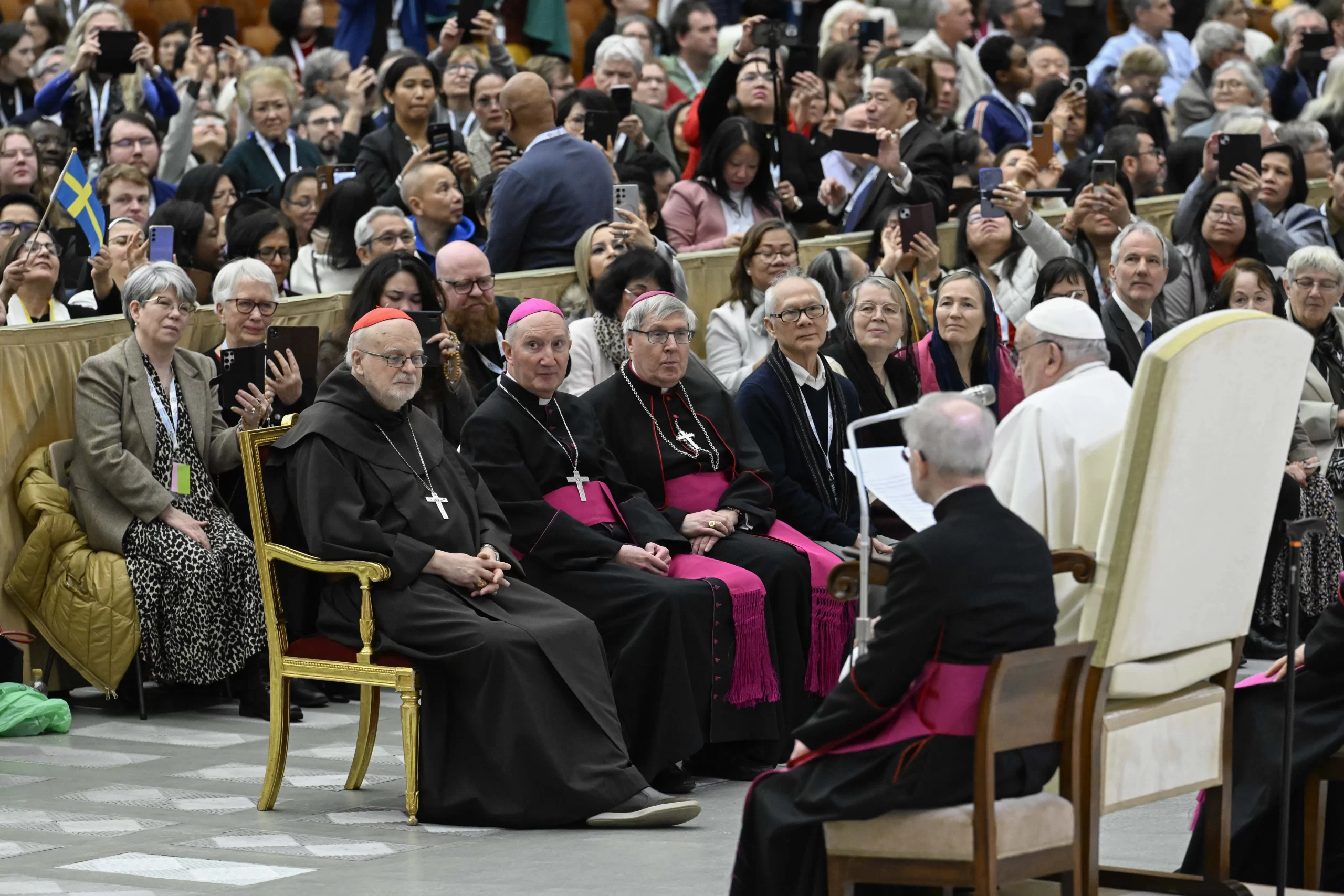 Pope Francis addresses a pilgrimage sponsored by the Scandinavian Bishops’ Conference on Feb. 3, 2025, in the Paul VI Audience Hall at the Vatican. Credit: Vatican Media