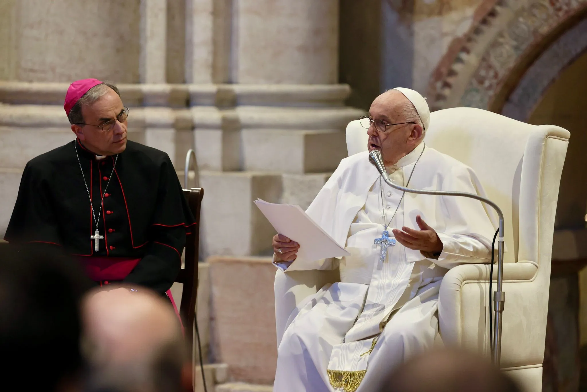 Pope Francis meets with priests in the Basilica of San Zeno in Verona, Italy, on May 18, 2024. Credit: Daniel Ibañez/CNA