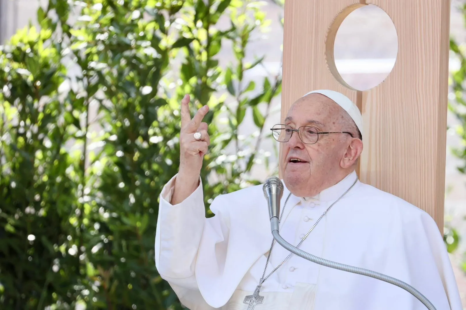 Pope Francis speaks to pilgrims gathered in the arena in Verona, Italy, on May 18, 2024. Credit: Daniel Ibañez/CNA