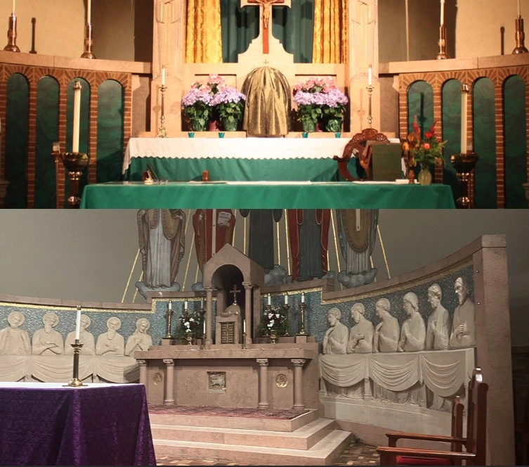 The two altar reredos are seen in St. Benedict Church, Baltimore, Maryland (top) and St. Benedict Church in Richmond, Virginia. Credit: St. Benedict Church; Daniel Payne/CNA