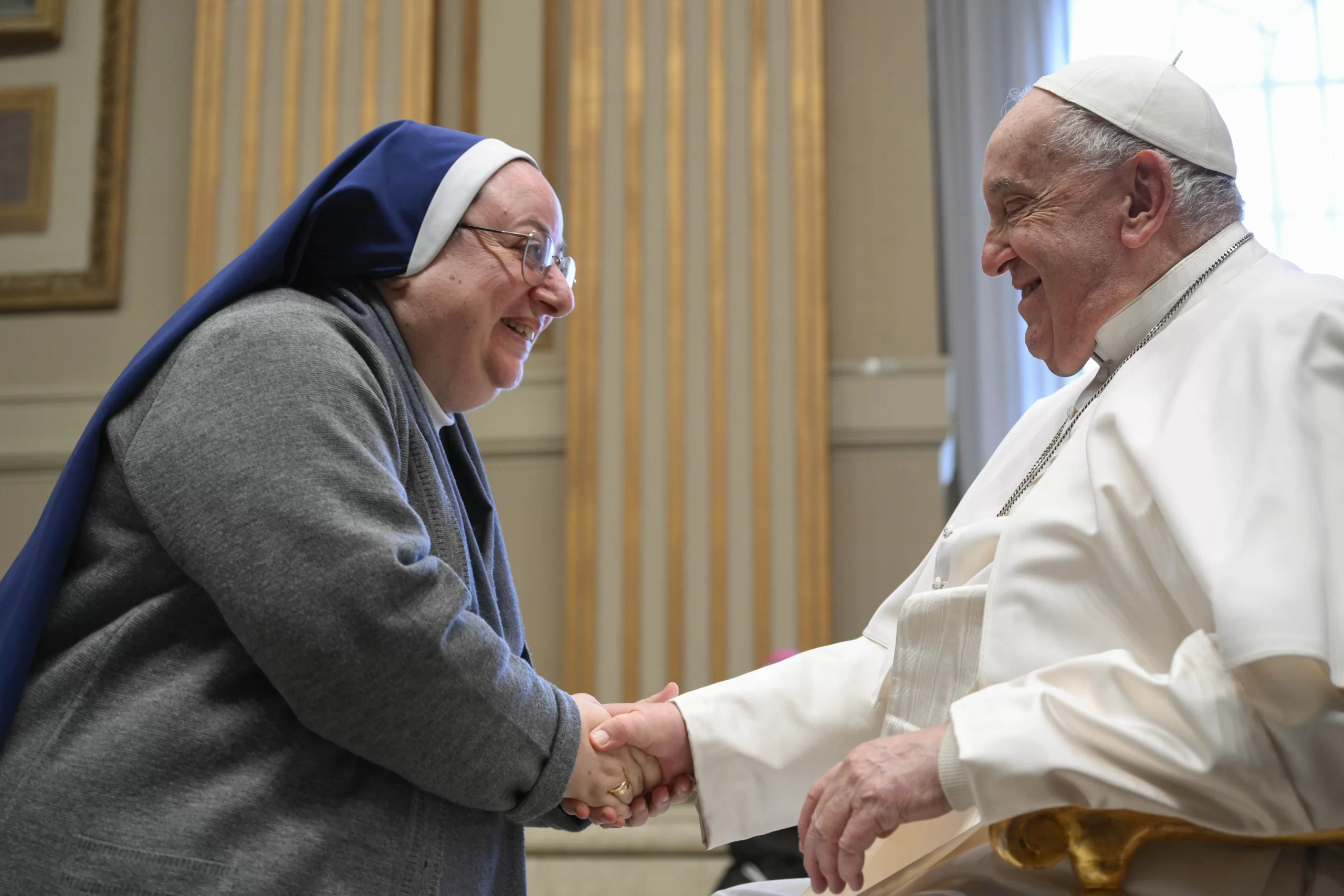 Pope Francis greets a participant at an audience with the International Theological Congress, Dec. 9, 2024. Credit: Vatican Media