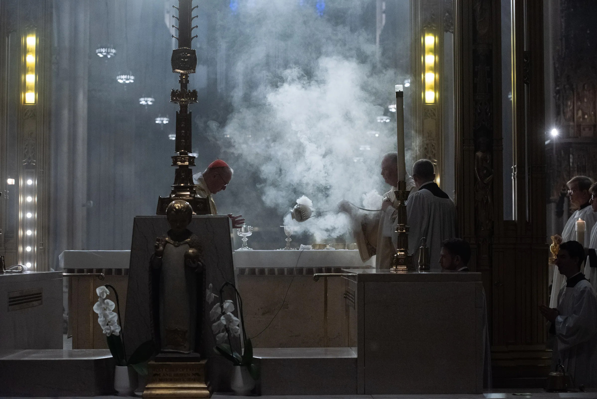 Cardinal Timothy Dolan stands at the altar during Mass at St. Patrick's Cathedral in New York City on May 26, 2024. Credit: Jeffrey Bruno/CNA