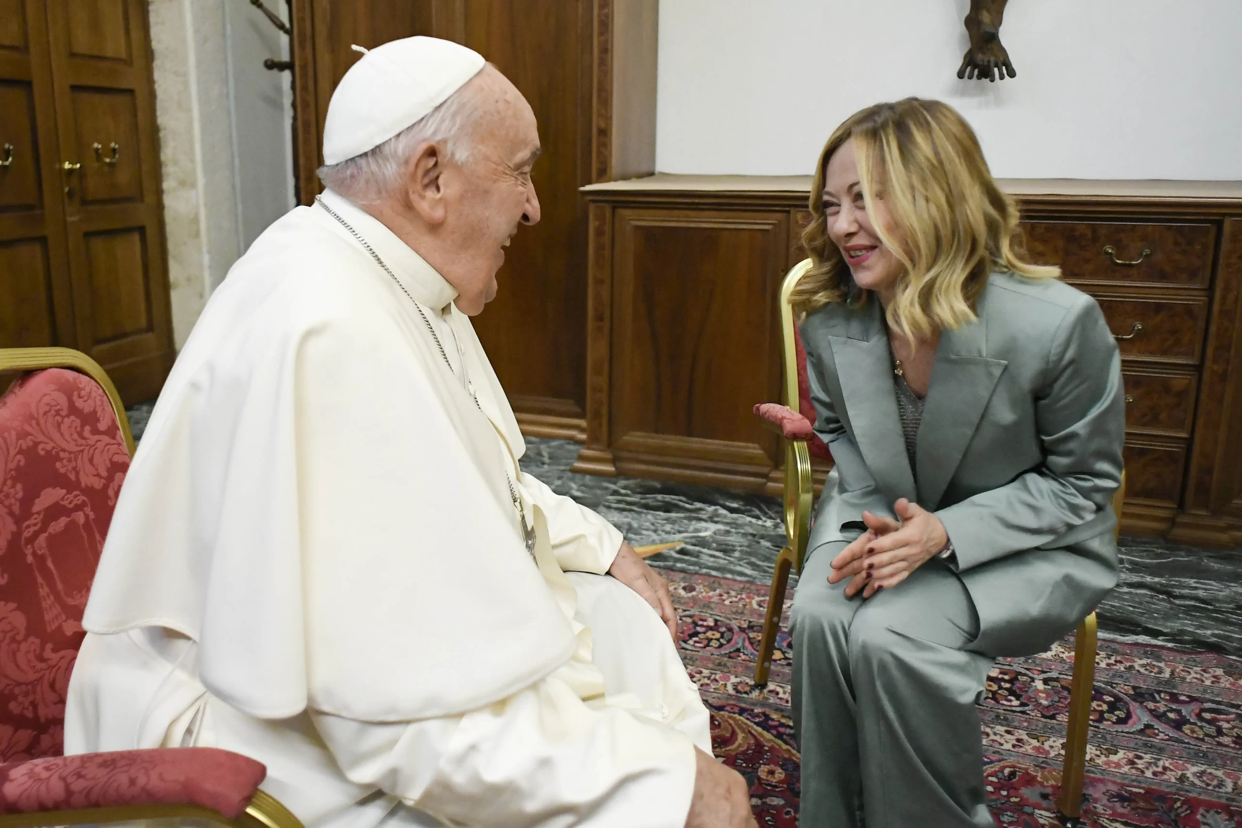 Among the special guests at the Mass for the first World Children's Day was Italian Prime Minister Giorgia Meloni, who together with her daughter Ginevra, met the pope briefly before the Mass on Saturday, May 26, 2024. Credit: Daniel Ibañez/CNA