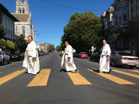 Father Michael Hurley, OP, (left) and his fellow priests from St. Dominic Parish in San Francisco cross the street in a homage to "Abbey Road.” Credit: St. Dominic Parish/Ivi Fandino