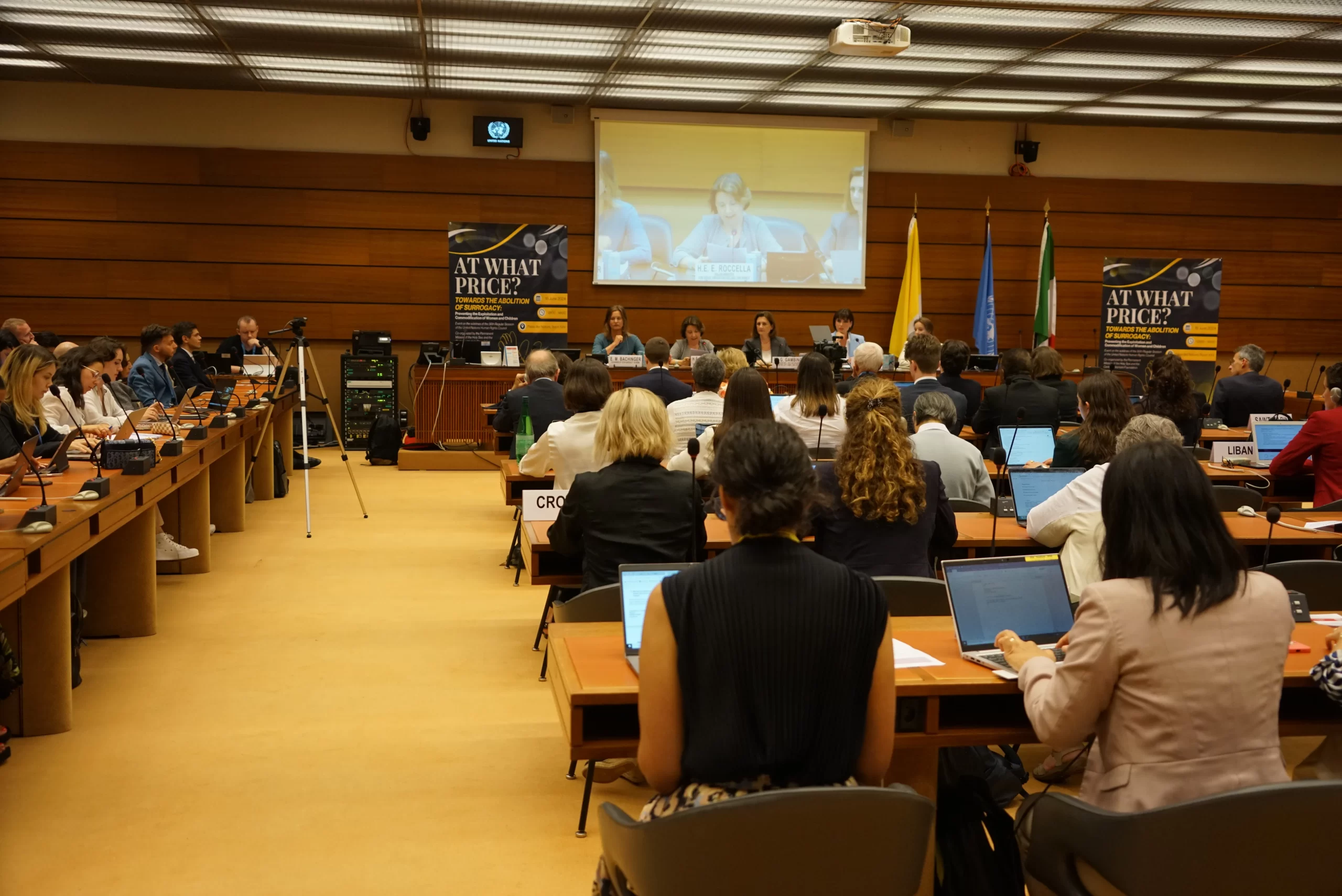 Attendees listen to panelists at the event "Towards the Abolition of Surrogacy: Preventing the Exploitation and Commodification of Women and Children,” hosted by the Permanent Mission of the Holy See in Geneva on Tuesday, June 18, 2024. Credit: Permanent Mission of the Holy See