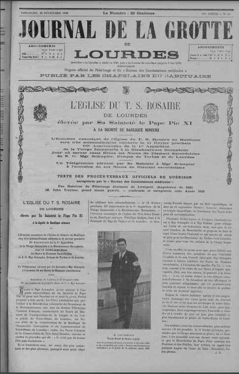 Front page of the December 1926 Journal de la Grotte, reporting on the miraculous cure of Jack Traynor. Credit: Lourdes Shrine