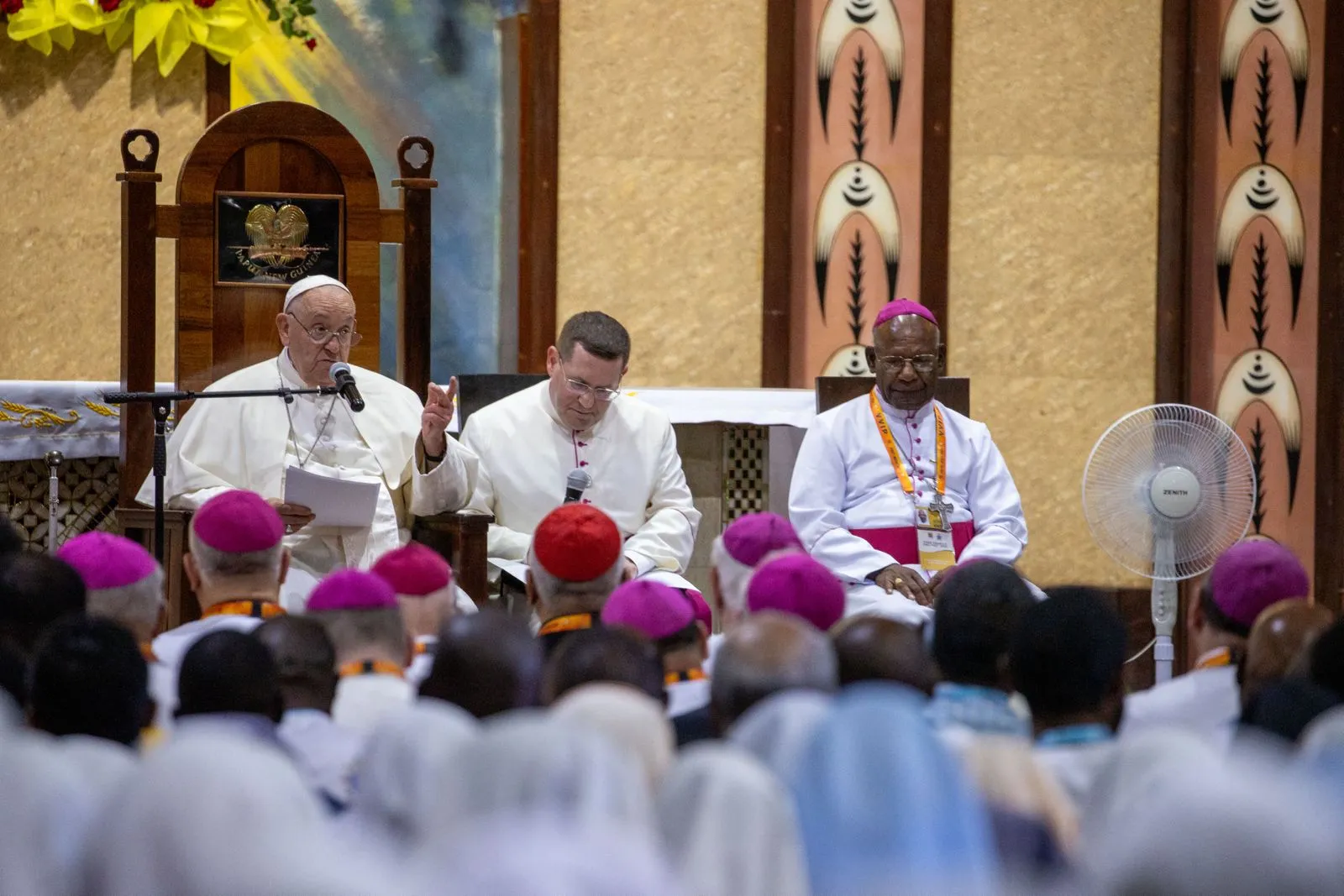 Pope Francis speaks to bishops, priests, deacons, seminarians, and catechists from across Papua New Guinea and the Solomon Islands at the Shrine of Mary Help of Christians in Port Moresby on Sept. 7, 2024. Credit: Daniel Ibáñez/CNA