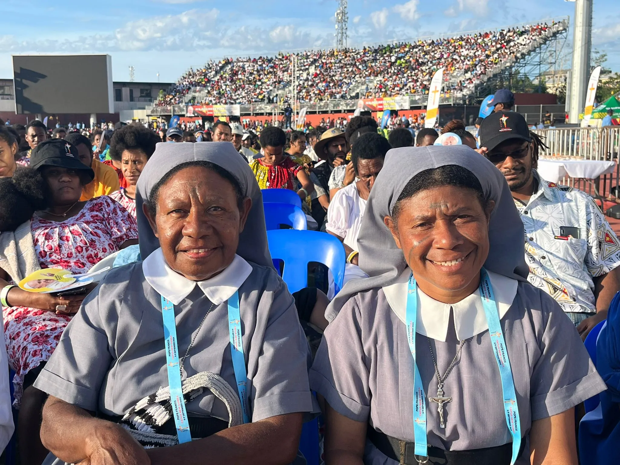 Sister Agnes Sina (left) and Sister Veronica Tamai from the Handmaids of the Lord community woke up at 2am to travel to Port Moresby and attend Mass with Pope Francis at Sir John Guise Stadium, Sept. 8, 2024. Courtney Mares/CNA