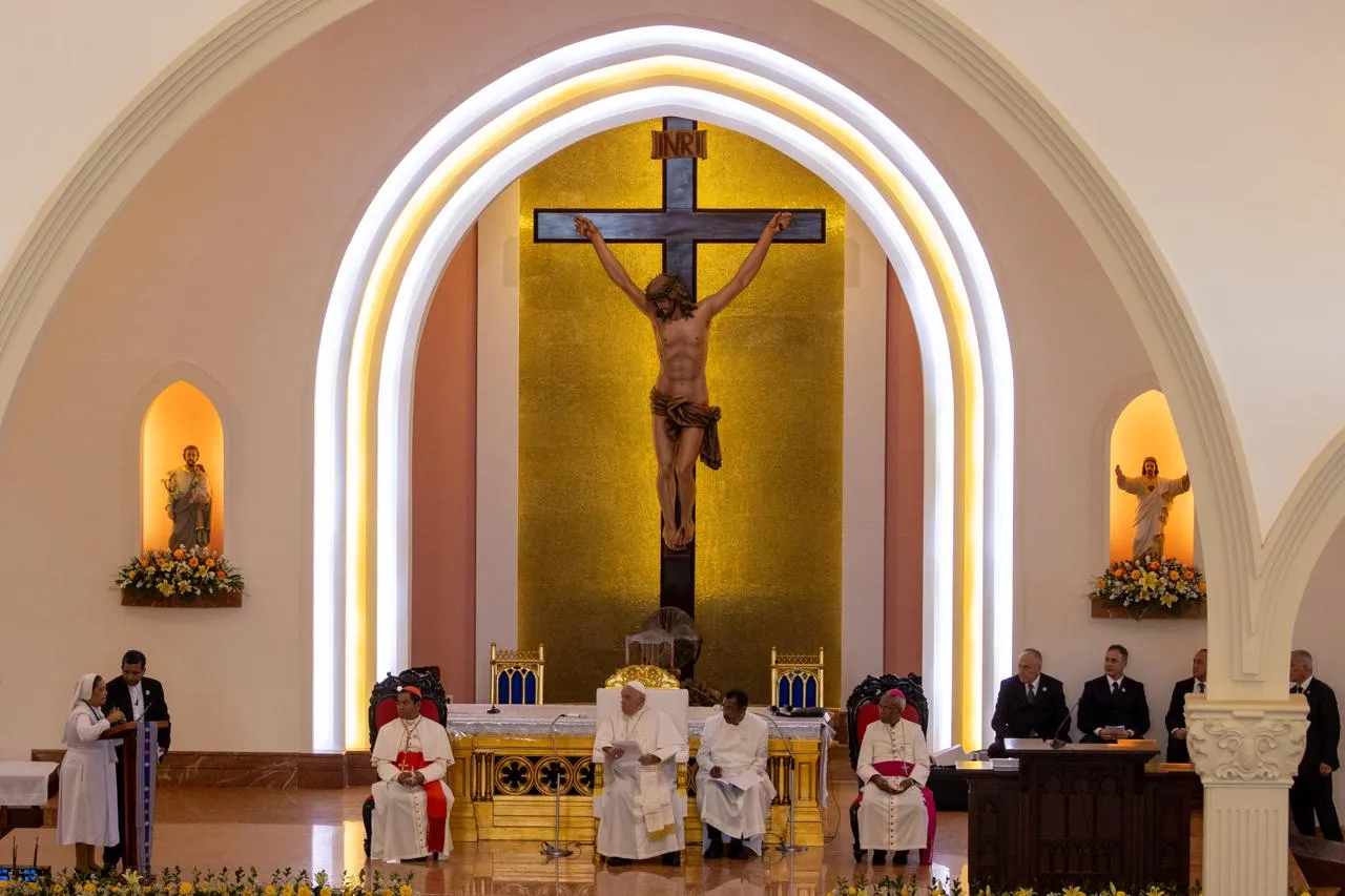 Pope Francis listens to the witness of Sister Rosa Sarmento, FdCC, at the meeting with bishops, priests, deacons, consecrated persons, seminarians, and catechists in the Cathedral of the Immaculate Conception in Dili, East Timor, Sept. 10, 2024. Credit: Daniel Ibáñez/CNA