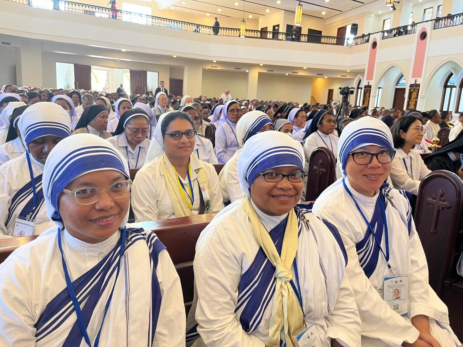 Missionaries of Charity attending the meeting of Pope Francis with bishops, priests, deacons, consecrated persons, seminarians, and catechists and seminarians at the Cathedral of the Immaculate Conception, Dili, East Timor, Sept. 10, 2024. Credit: Courtney Mares/CNA